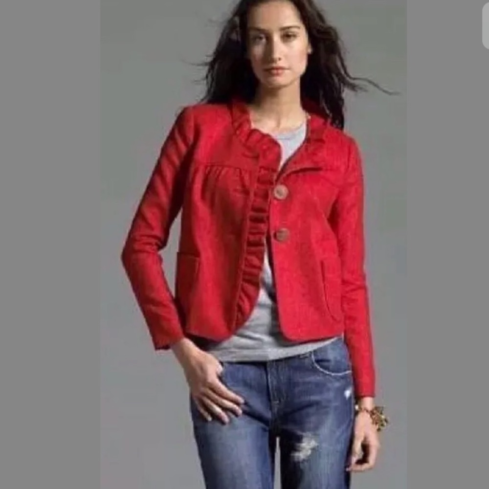 J. CREW Fiona Herringbone Jacket Coat Red Wool Ruffle Trim Donegal Career Work